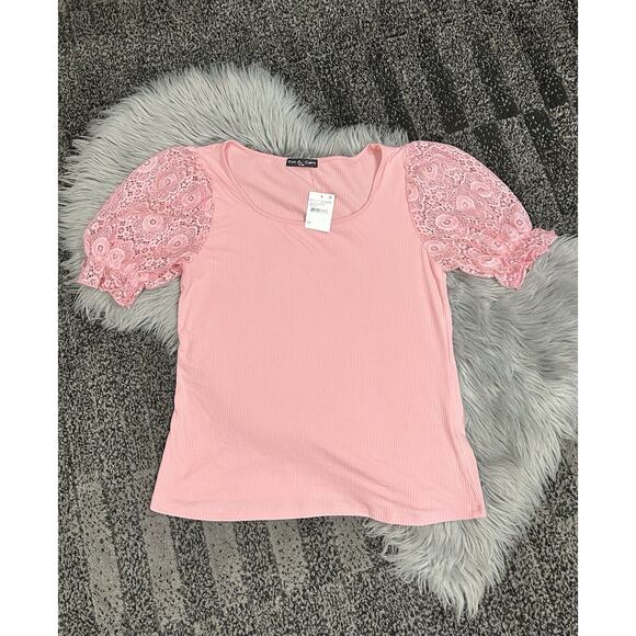 Kim & Cami Medium Blush Pink Lack Puff Sleeve Stunning Top Nordstrom Size Large - Picture 1 of 2